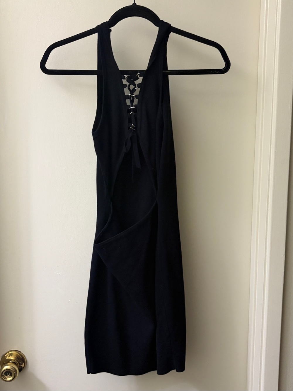 debut Black Backless Lace-Up Evening Dress